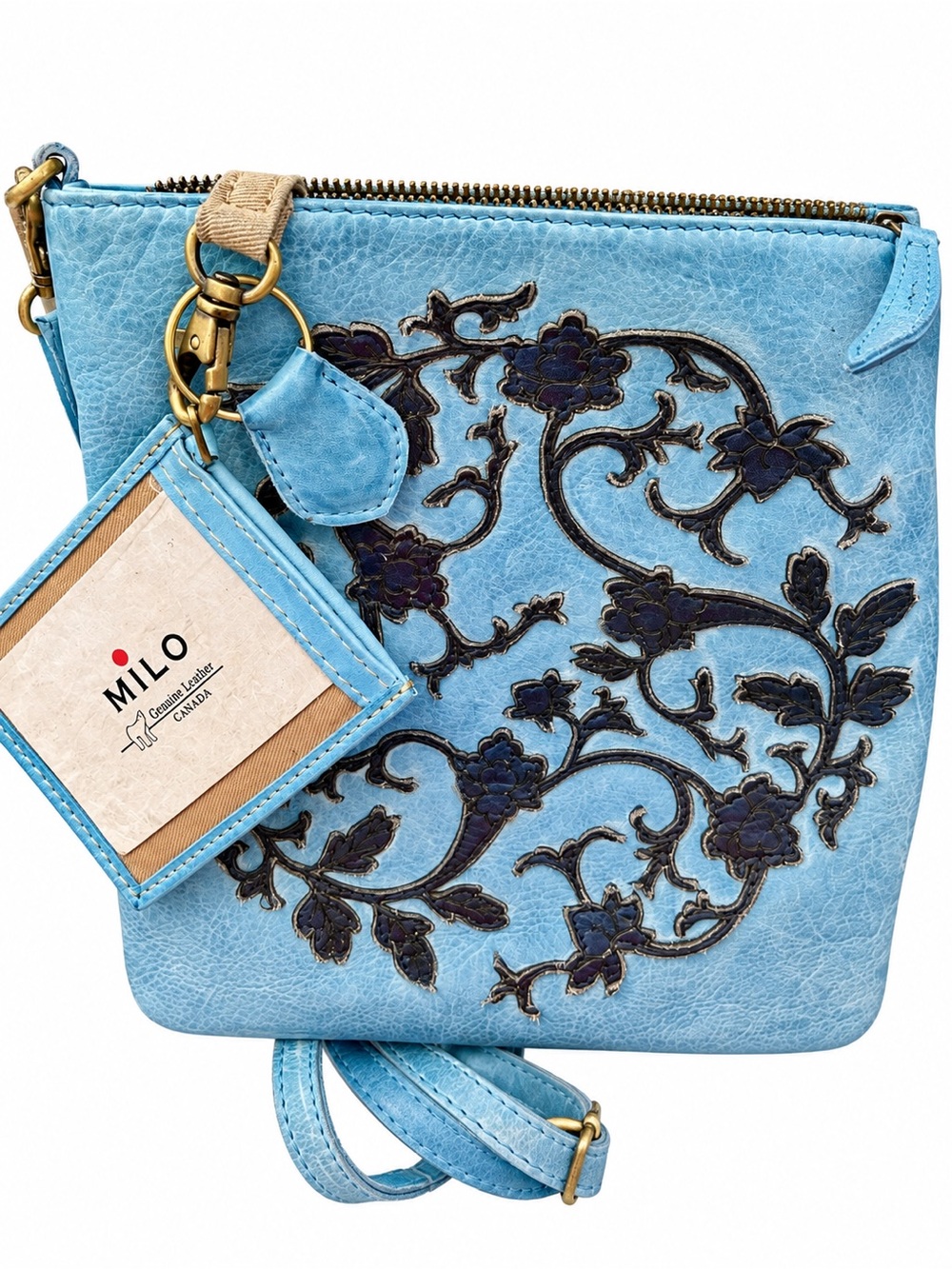 Light Blue Floral Milo Etched Leather Crossbody Bag Made in Canada